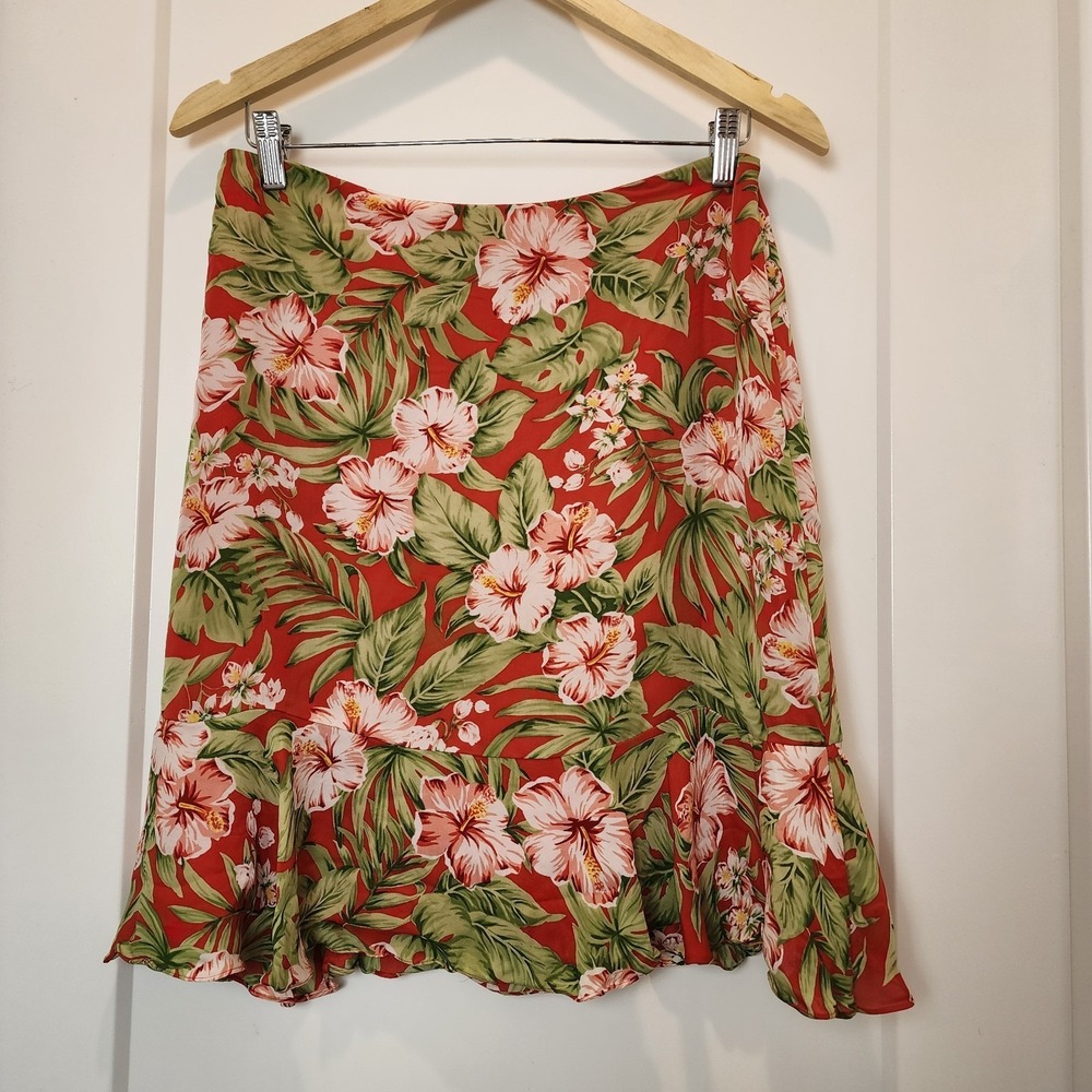 Jones NY Silk Mini Skirt 8 Red Floral Hibiscus Y2K Tropical Cruise Beachy Resort - Picture 3 of 12